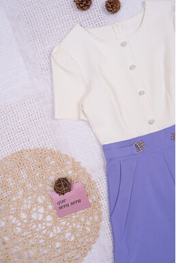 Round Neck Pearl Button Details Two Toned Playsuit (Off White + Purple)